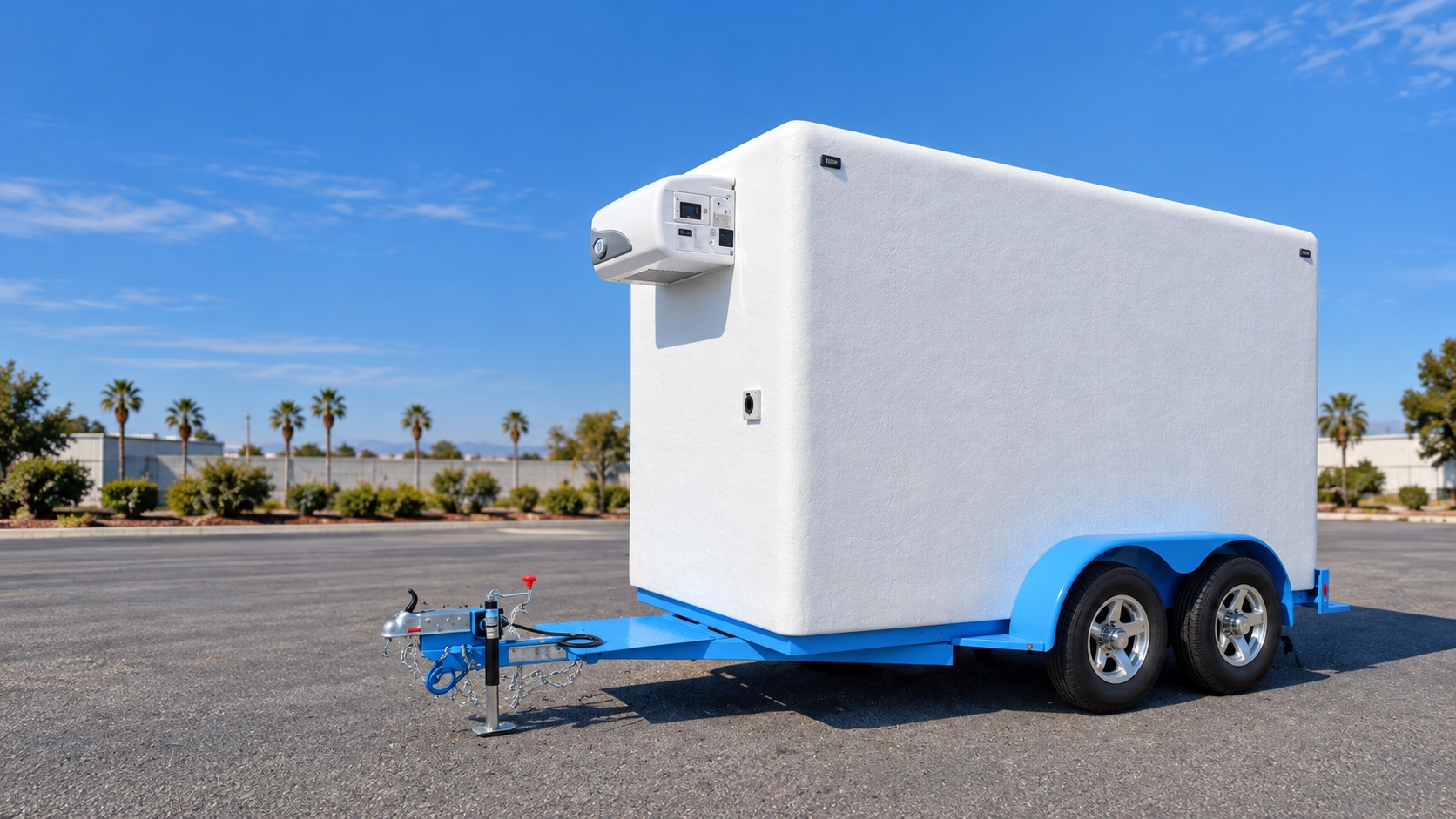 White and blue refrigerated freezer trailer available for rent in Southern California